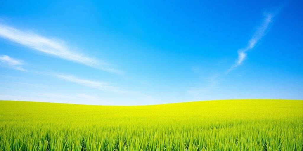 Vibrant green field under a clear blue sky.