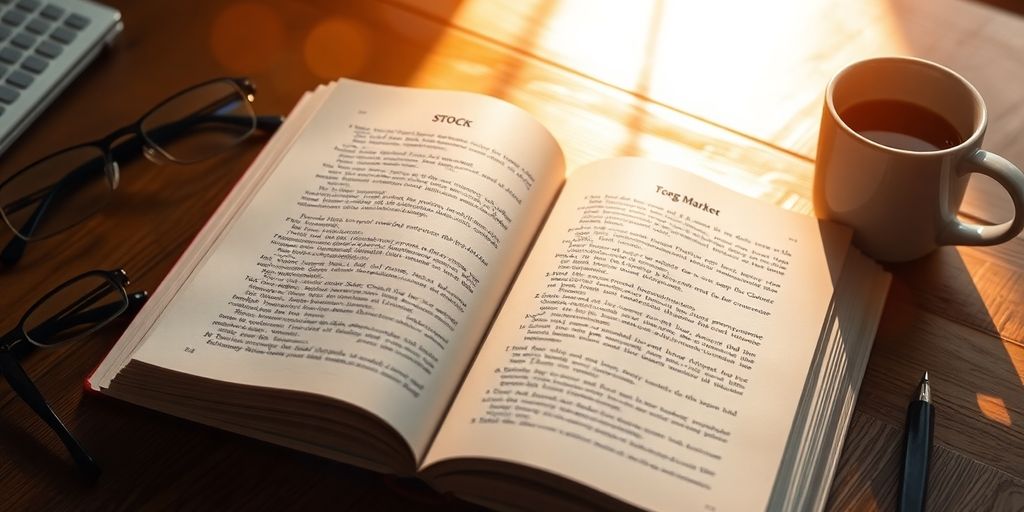 Photograph of an open stock market book with glasses.