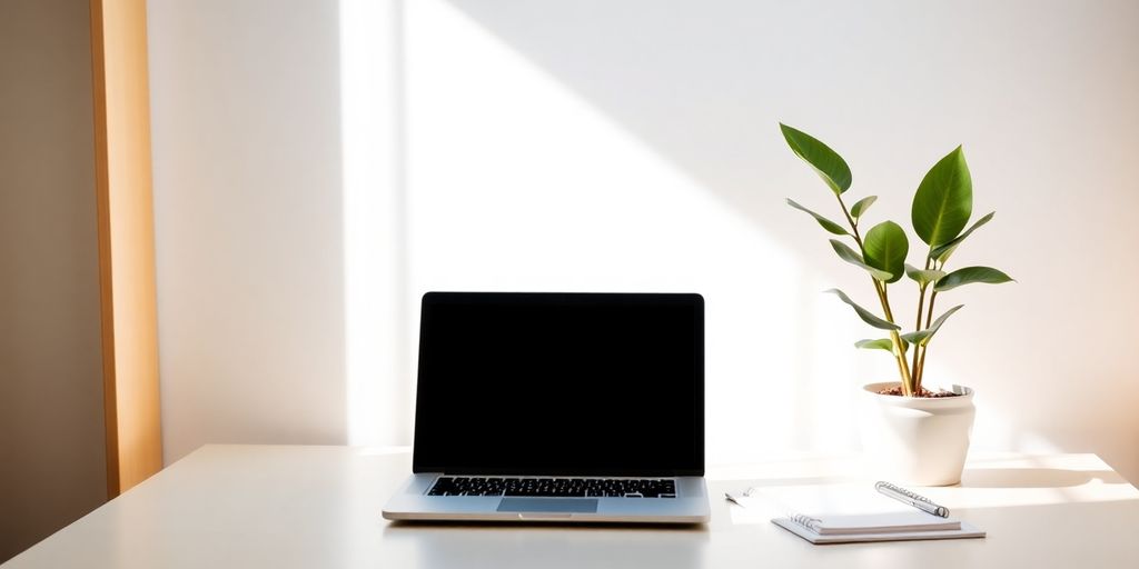 Modern office desk with laptop and notepad in light.