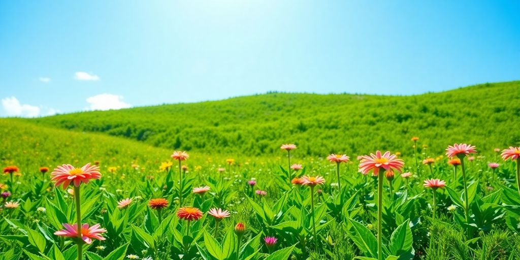 A bright landscape with greenery and blooming flowers.