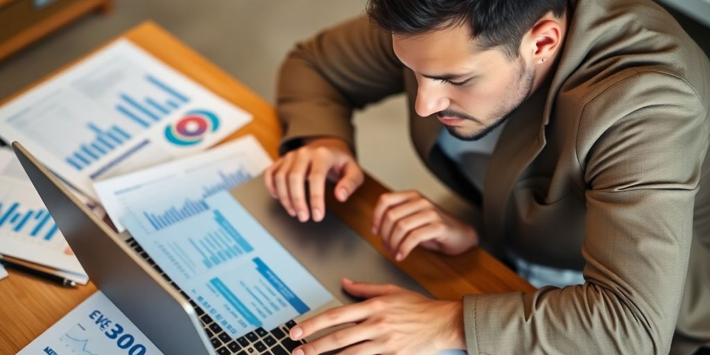 Businessman analyzing investment performance on a laptop.