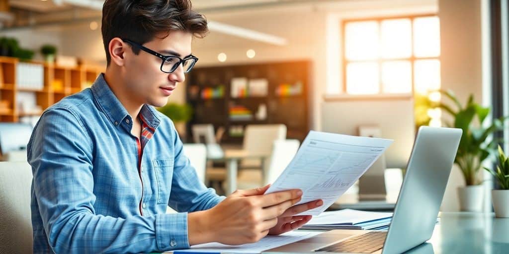 Young investor analyzing documents in a bright workspace.