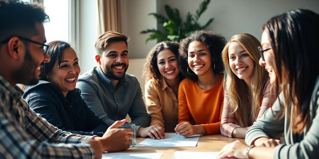 Group of people discussing investments at a table.