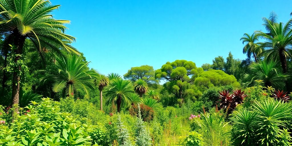 Vibrant landscape with diverse plants and clear sky.