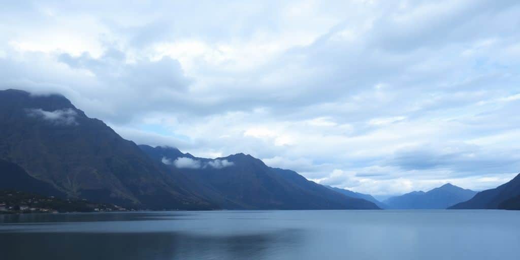 Tranquil lake and mountains under a cloudy sky.