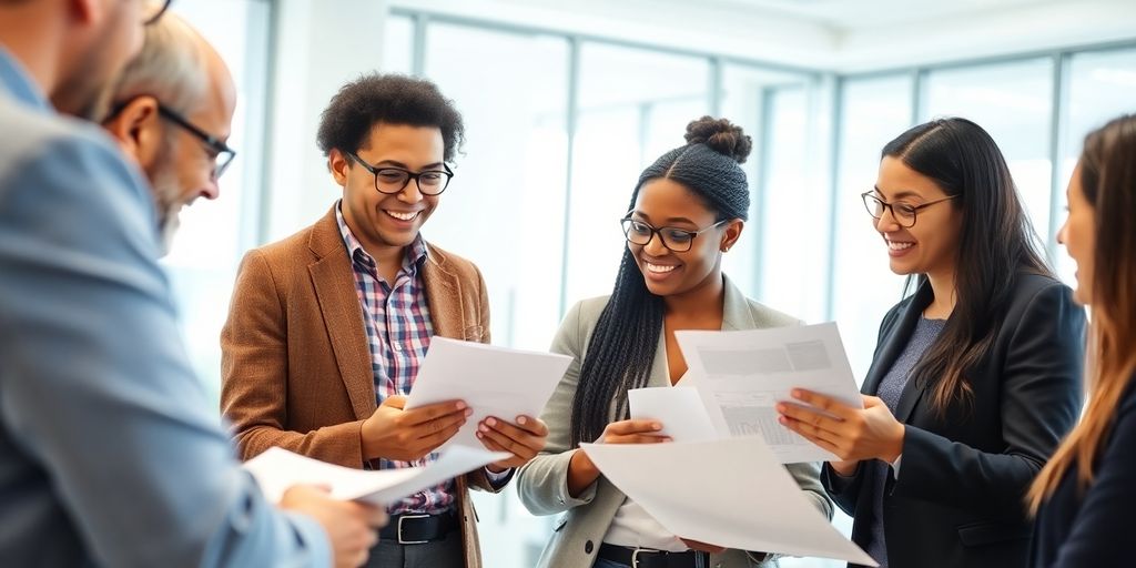 Group of people discussing investments in an office setting.