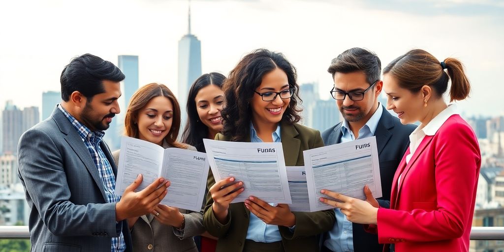 Investors engaged in fund analysis with a city backdrop.