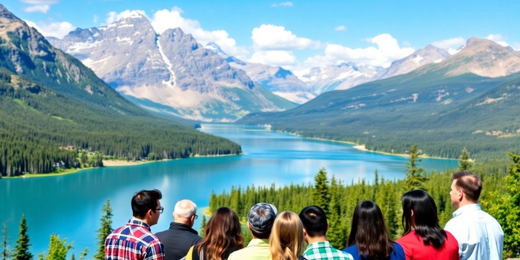 Investors discussing in a beautiful Canadian landscape.