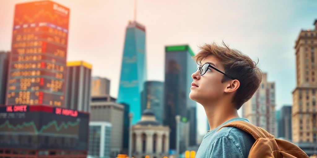 Young adult exploring stock market with city skyline backdrop.