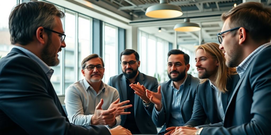 Investors discussing strategies in a modern conference room.