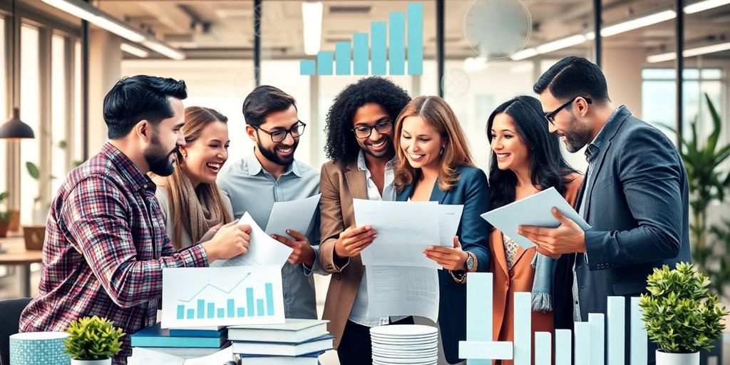 Group discussing mutual funds in a modern office.