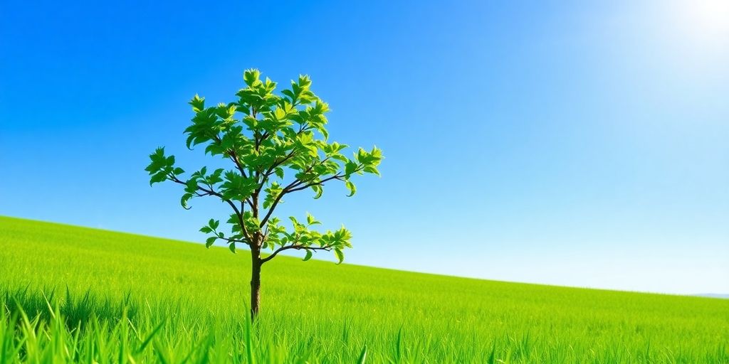 Green tree in a field under a clear blue sky.