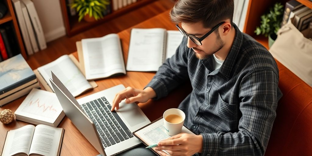 Young investor with laptop and coffee, studying stock basics.